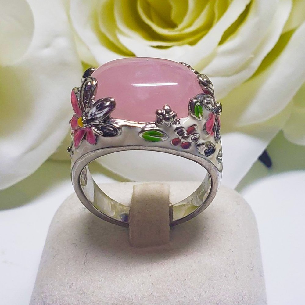 Vintage ring Rose Quartz stone with flowers design & silver band